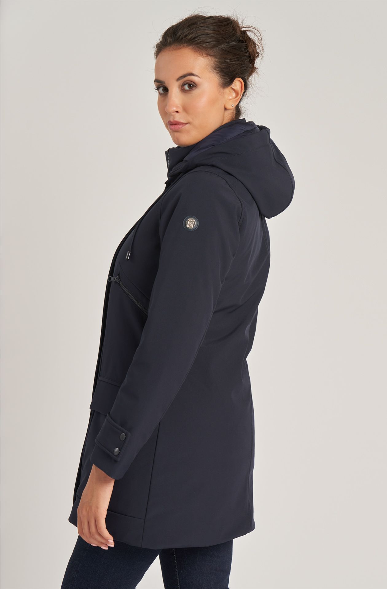 Giaccone da donna in soft shell con cappuccio