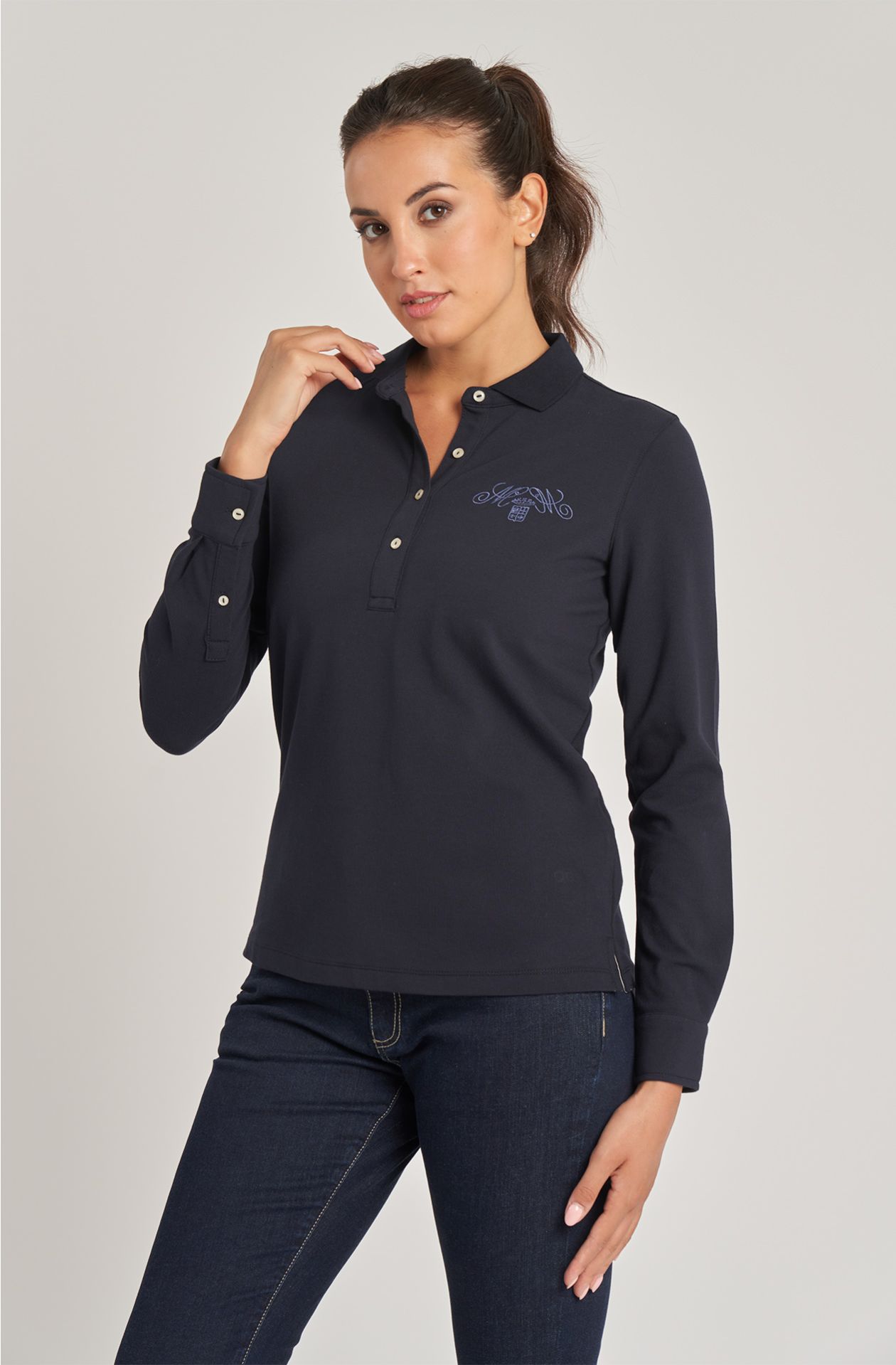 Women's long-sleeved pique cotton polo shirt